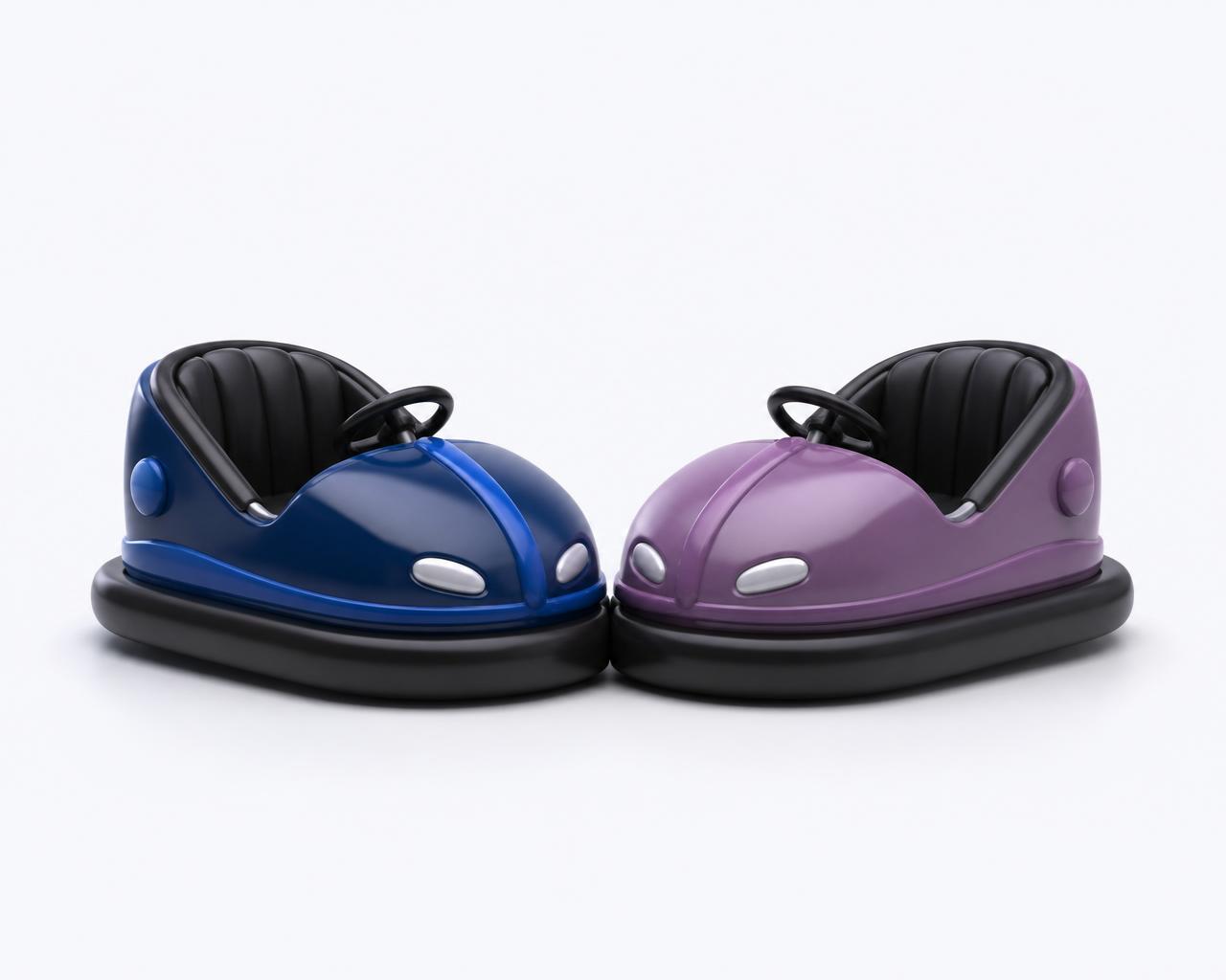 Two stylised toy bumper cars, one navy and one purple, gently nudging into each other.